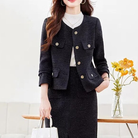 Women Black Floral Tweed Jacket Long Sleeve Round Neck Business Casual Top - Picture 4 of 5
